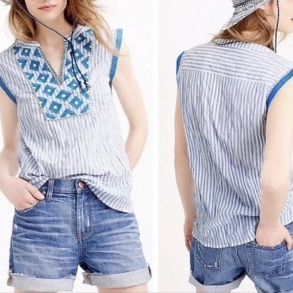 J. Crew Sunburst Stripe Embroidered Popover Top Crinkle Stripe Boho